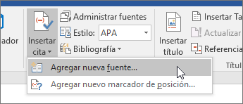Haga clic en Insertar cita y seleccione Agregar nueva fuente.