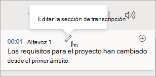 Seleccione Editar sección de transcripción