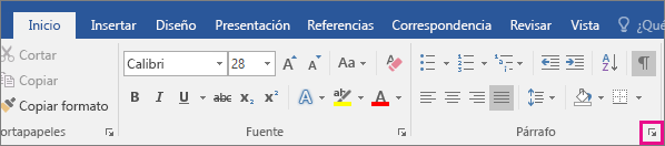 La flecha para abrir el cuadro de diálogo Párrafo está resaltada en la pestaña Inicio.