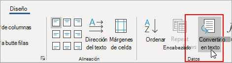 La opción Convertir en texto está resaltada en la pestaña Diseño.