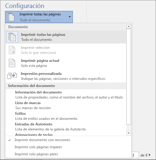 Captura de pantalla del panel Imprimir con el menú Imprimir todas las páginas expandido para mostrar opciones adicionales.