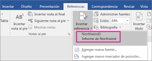 La lista de citas se muestra en el botón Insertar cita.