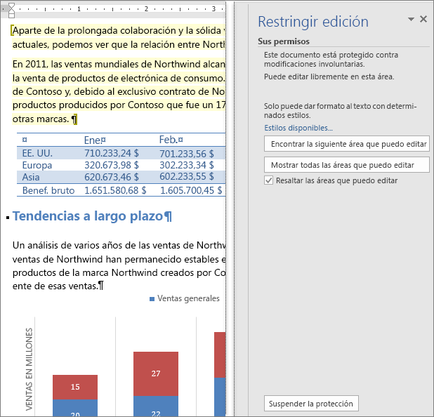 Las opciones de edición se muestran en el panel Restringir edición.
