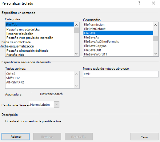 Crear un nuevo método abreviado de teclado en el cuadro de diálogo Personalizar teclado