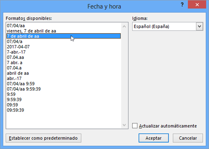 Cuadro de diálogo Fecha y hora