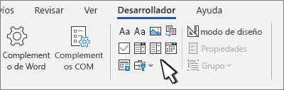 Pestaña Desarrollador que muestra los controles de contenido