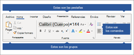 Cinta de opciones con pestañas, grupos y comandos resaltadas.