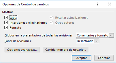 Cuadro de diálogo de Opciones de control de cambios