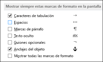 Mostrar u ocultar siempre símbolos de formato