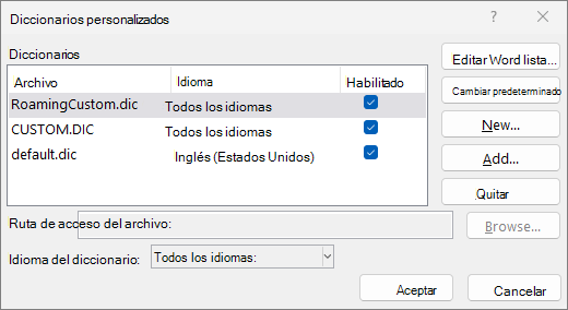 Cuadro de diálogo Diccionario personalizado