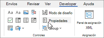 Pestaña Programador con el botón propiedades de control seleccionado