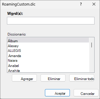 Cuadro de diálogo Edición de diccionario