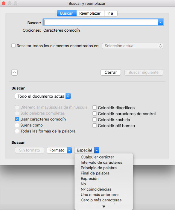 Usar caracteres comodín en el cuadro de diálogo Buscar y reemplazar