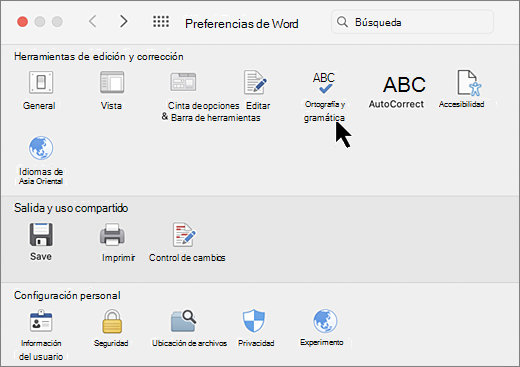 Cuadro de diálogo Preferencias de Mac con ortografía seleccionada