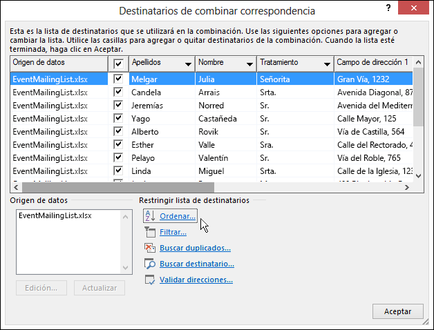 Como parte de Word combinación de correspondencia, los resultados de una especie de lista de destinatarios.
