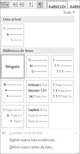Haga clic en el botón Lista multinivel para agregar numeración a un estilo de título integrado, por ejemplo Título 1, en el título del documento.