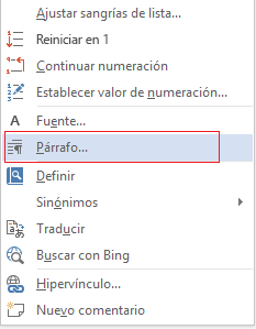 Haga clic en la opción Párrafo.