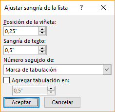 Captura de pantalla del cuadro de diálogo Ajustar sangría de la lista, en el que se puede especificar la configuración de la posición de las viñetas y la sangría del texto. También puede seleccionar qué quiere que se muestre después un número y especificar dónde quiere que se agregue una tabulación.