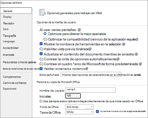 menú Opciones generales de Word 2016/2013