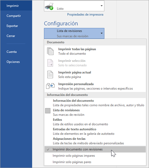 Se muestra la configuración de impresión para la impresión de revisiones
