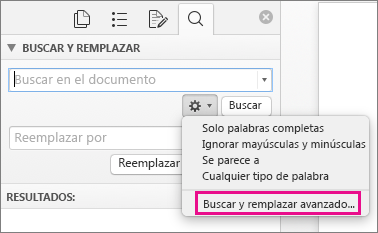 En el cuadro Buscar y reemplazar, Buscar y reemplazar avanzado está resaltado