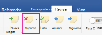 En la pestaña Revisar, Eliminar comentario está resaltado
