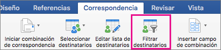 Haga clic para filtrar la lista de combinación de correspondencia