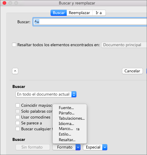Muestra las opciones de formato