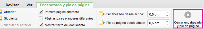Para detener la edición del encabezado o pie de página de un documento, haga clic en Cerrar encabezado y pie de página.
