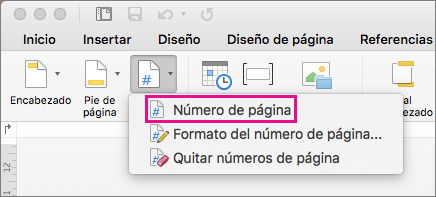 En la pestaña Encabezado & Pie de página, haga clic en Número de página en el menú Número de página para agregar un número de página.