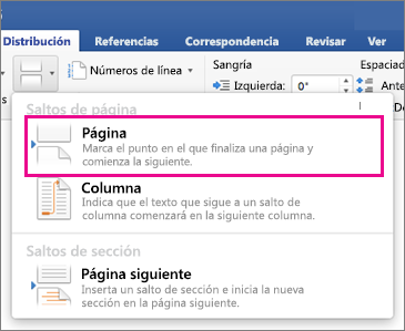 Menú Salto de diseño con la opción Salto de página resaltada