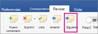 En la pestaña Revisar, en la sección Comentarios, Siguiente comentario está resaltado