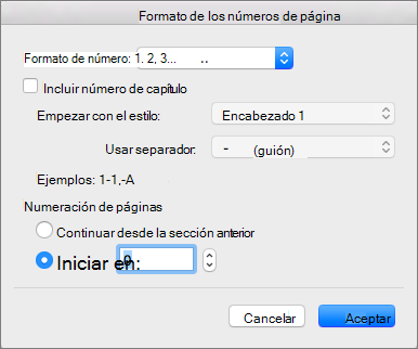 Elija un estilo de numeración y el número inicial en Formato del número de página.