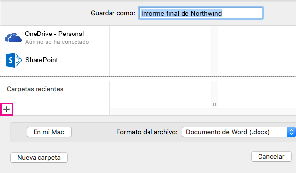 Para agregar un servicio en línea, haga clic en el signo más, en la parte inferior de la columna izquierda del cuadro de diálogo Guardar como.