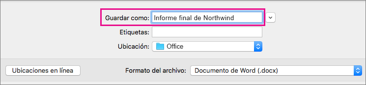 En el cuadro Guardar como, escriba o modifique el nombre del archivo para el documento actual.