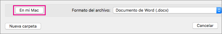 Si quiere guardar un archivo en el equipo, en lugar de guardarlo en OneDrive o en SharePoint, haga clic en la opción En mi Mac.