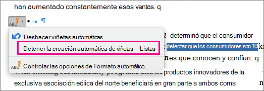 La opción para detener la creación automática de listas con viñetas está resaltada.