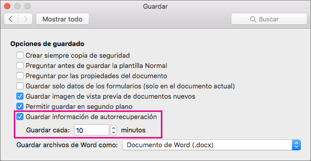 En el cuadro de diálogo Guardar, seleccione Guardar información de autorrecuperación y, después, especifique los minutos para establecer el intervalo en el cuadro Guardar cada.