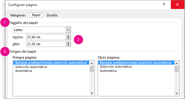Configuración de página, pestaña Papel