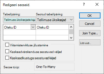 Dialoogiboks Seoste redigeerimine koos olemasoleva seosega