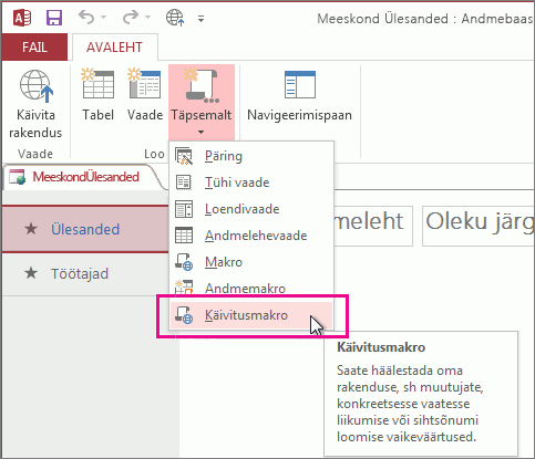 Käsk Käivitusmakro lindimenüüs.