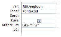 Query designer image showing criteria using folloeing operators, like wildcard in a
