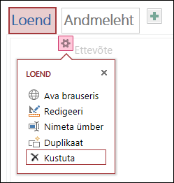 Sätete menüü käsud Ava brauseris, Redigeeri, Nimeta ümber, Dubleeri ja Kustuta