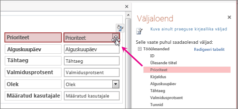 Välja lohistamine väljaloendist vaatesse.