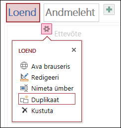 Sätete menüü käsud Ava brauseris, Redigeeri, Nimeta ümber, Dubleeri ja Kustuta