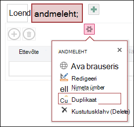 Menüü Sätted käsuga Ava brauseris, Redigeeri, Nimeta ümber, Dubleeri ja Kustuta