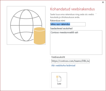Uus kohandatud veebirakenduse dialoogiboks, kus väljal Saadaolevad asukohad on valitud Contoso meeskonnatöö sait.
