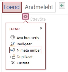 Sätete menüü käsud Ava brauseris, Redigeeri, Nimeta ümber, Dubleeri ja Kustuta