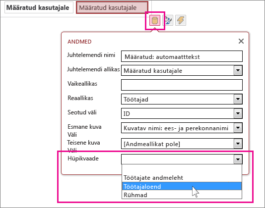 Automaatteksti juhtelemendi jaoks hüpikvaate valimine.