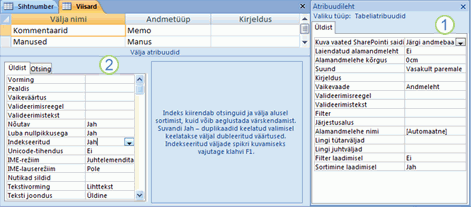 Tabelite ja väljade atribuudilehed